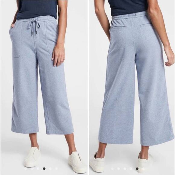 Athleta Womens Far All On Heathered Wide Leg Crop Size 8 Blue Pockets Drawstring - Picture 1 of 11
